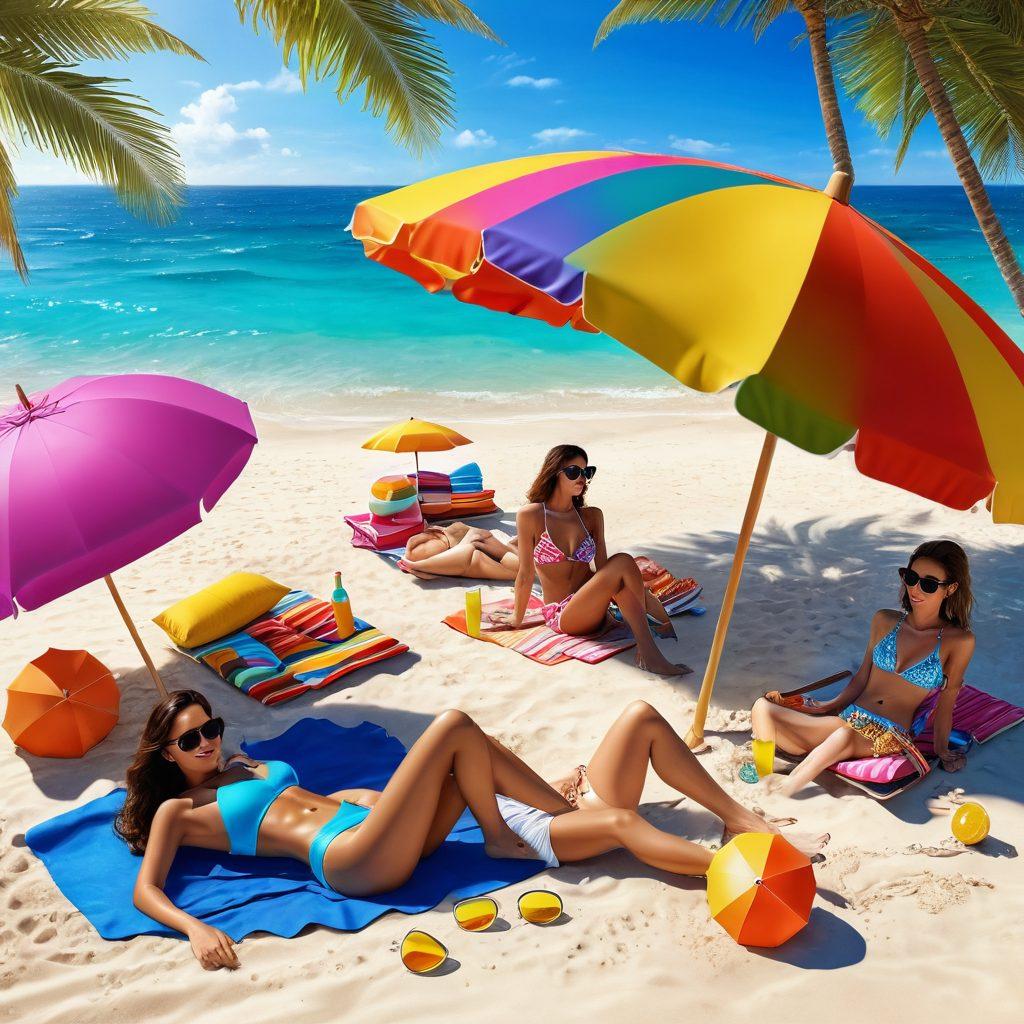 A vibrant beach scene featuring diverse women showcasing the latest summer bikini trends, surrounded by bright sun, soft sand, and crystal-clear water. Include colorful beach umbrellas, stylish sunglasses, and tropical drinks to enhance the summer vibe. The atmosphere should radiate joy and relaxation, capturing the spirit of a perfect beach vacation. super-realistic. vibrant colors. 3D.